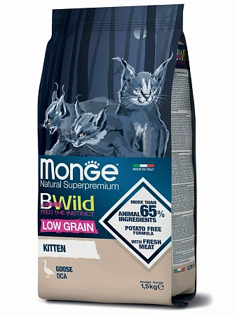 Купить monge cat bwild low grain сухой низкозерновой корм для котят с мясом гуся